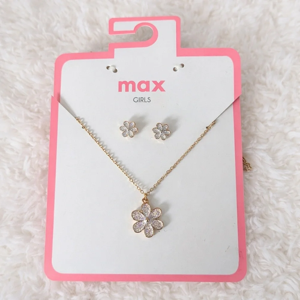 NEW Max Girls Gold Tone Flower Necklace & Stud Earrings Set Glitter Daisy jewlry
